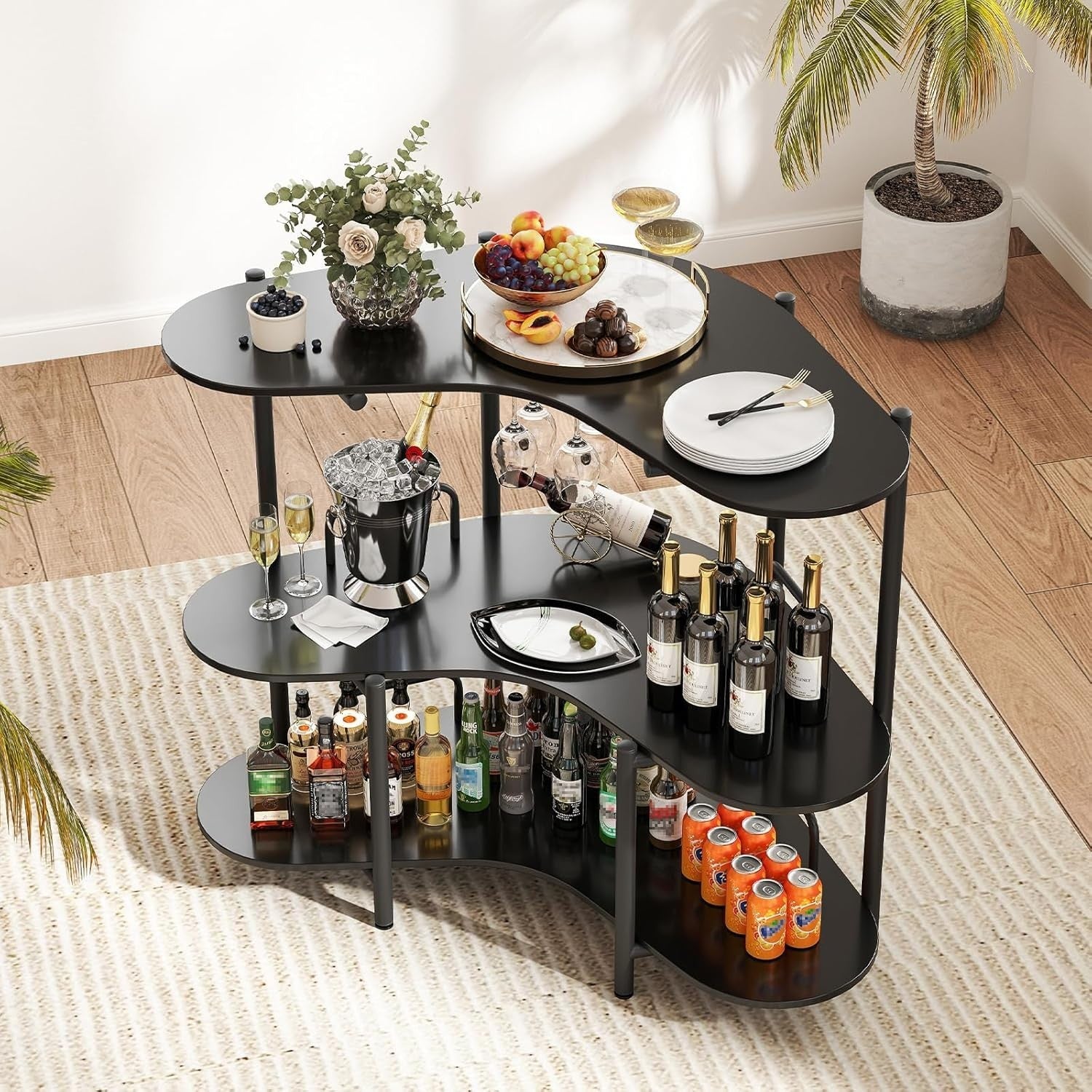 3-Tier Wine Bar Cabinet with Glass Holder, Freestanding Drinks Storage Table