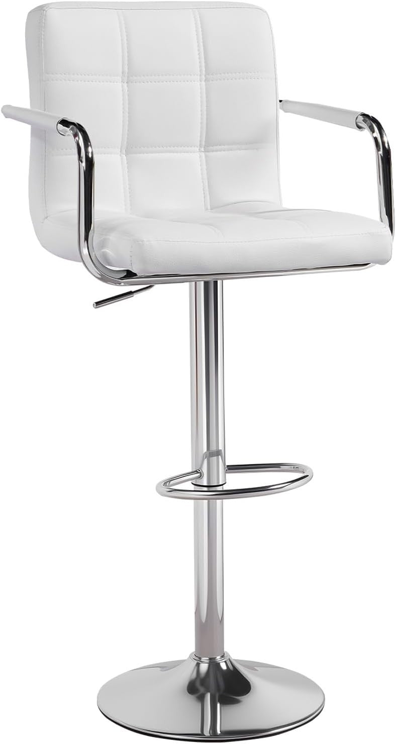 White PU Leather Bar Stool Adjustable Height 360° Swivel with Armrest