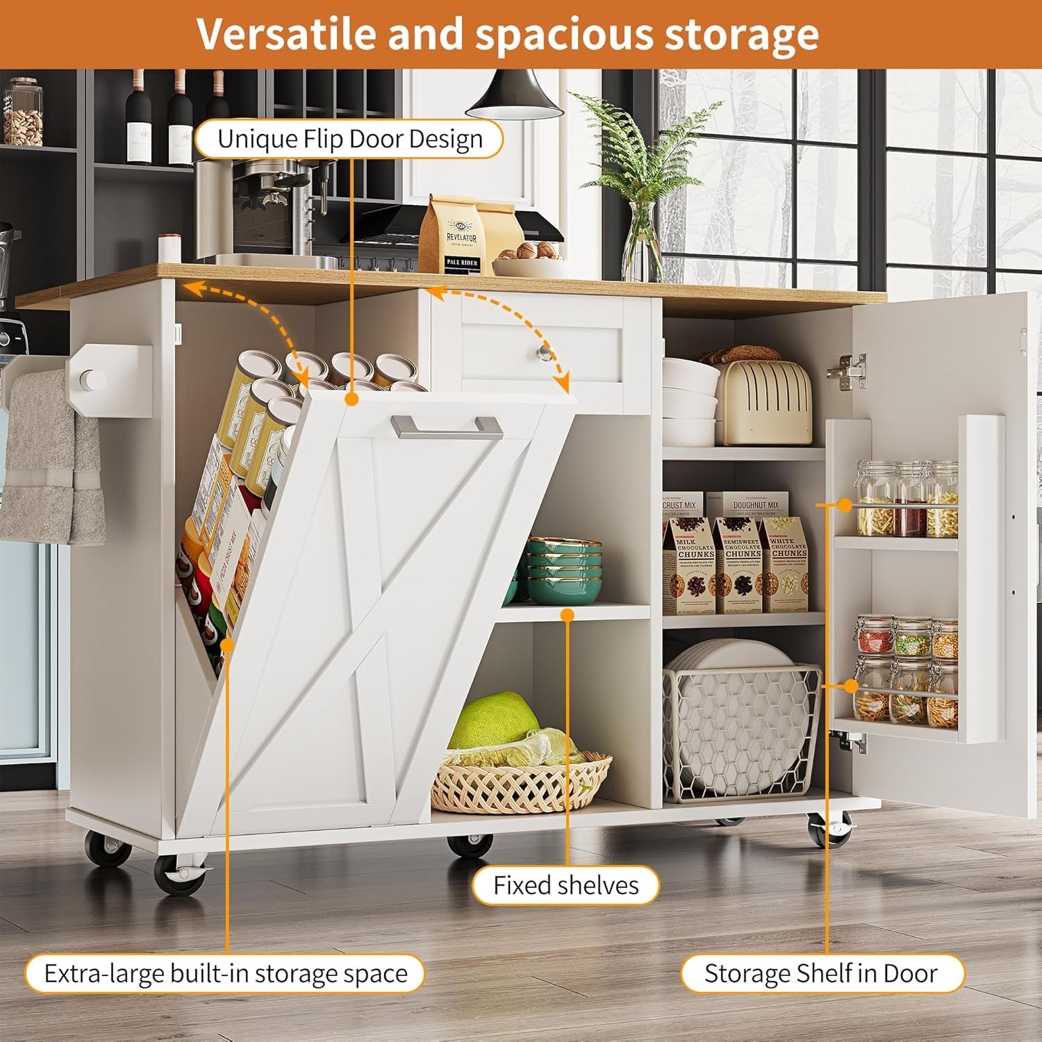 Kitchen Island Trolley on Wheels Expandable Worktop Drawer Storage White