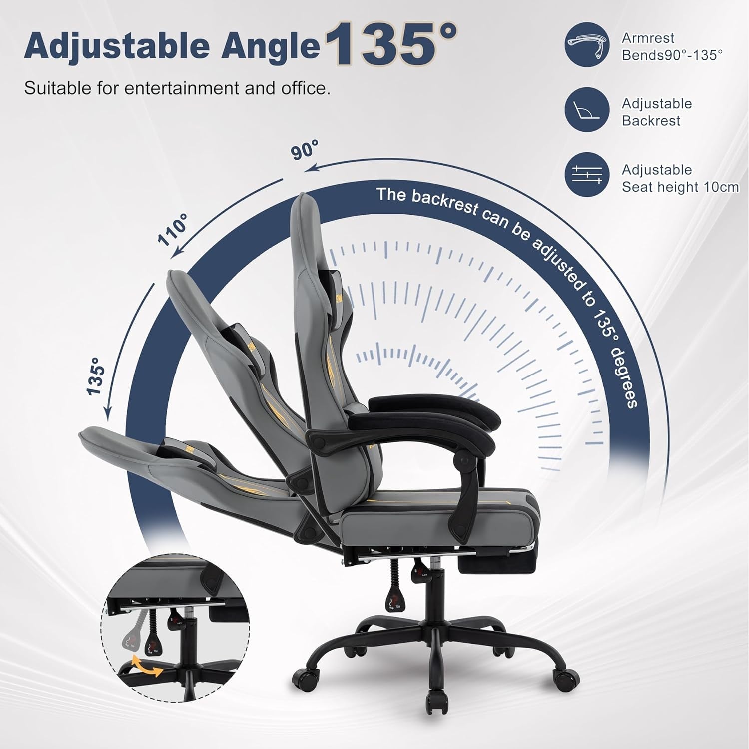 Ergonomic Gaming Chair Recliner Footrest Lumbar PU Leather Grey