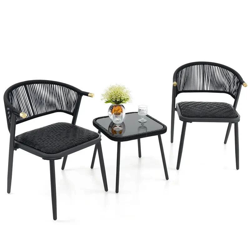 3pc Rattan Garden Bistro Set Black Chairs & Glass Coffee Table Patio Set