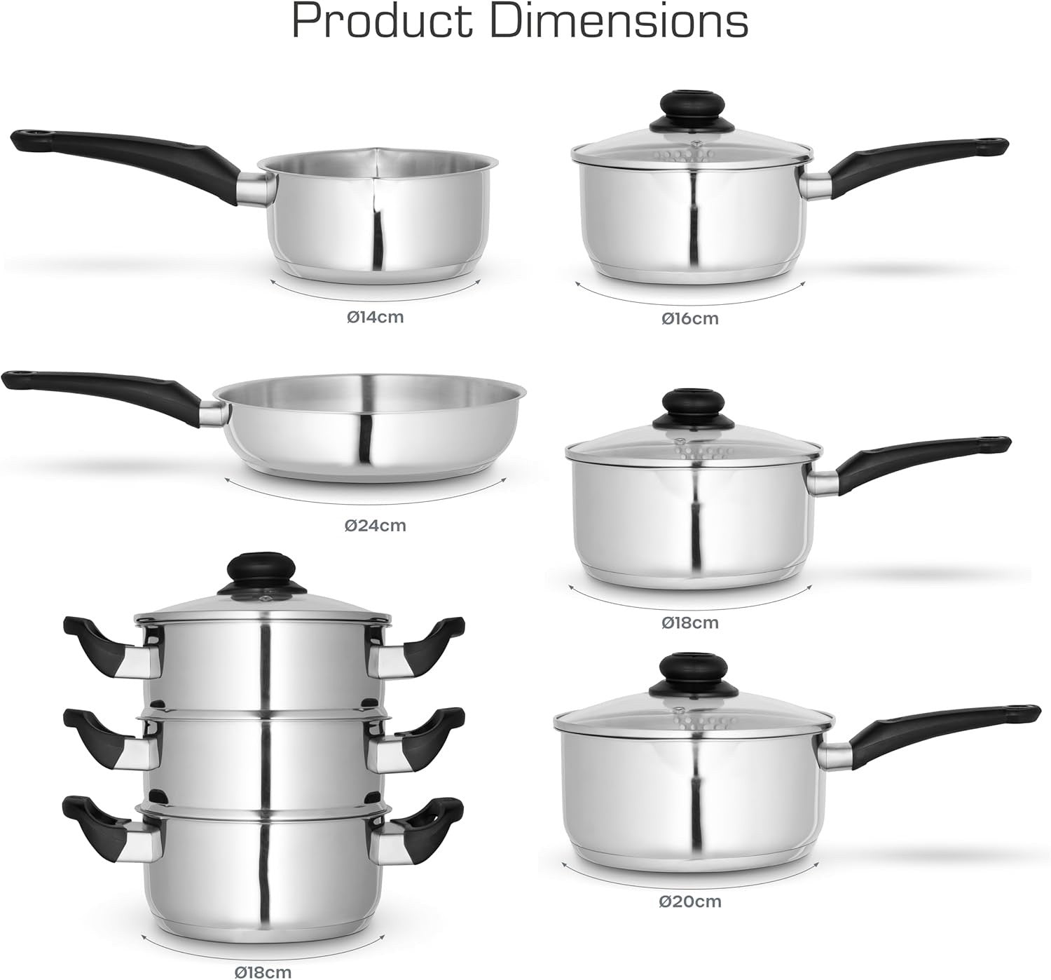 8Pcs Stainless Steel Cookware Set with Saucepans, Frying Pan & Steamer