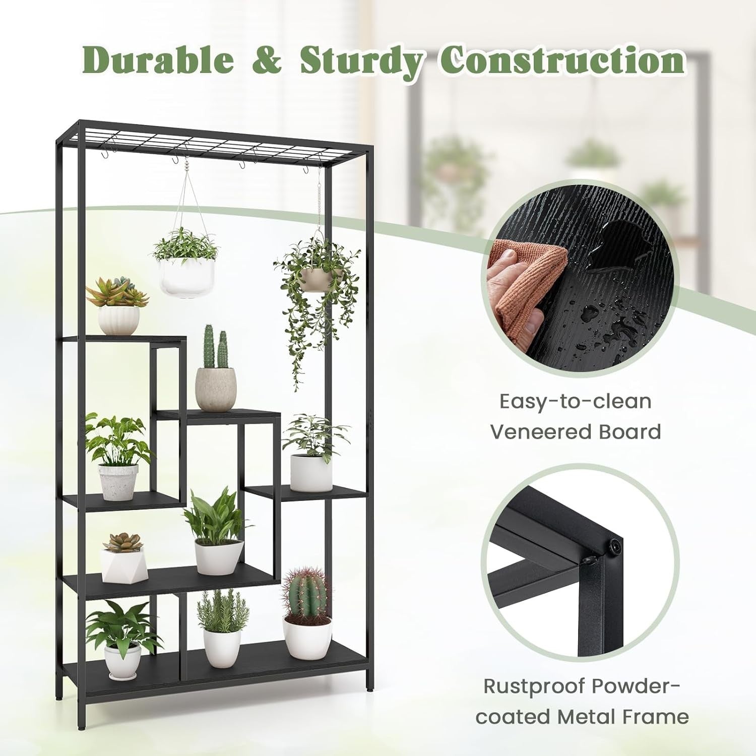 6-Tier Metal Plant Stand 180cm Tall Indoor Flower Shelf with Hooks & Wire Rack