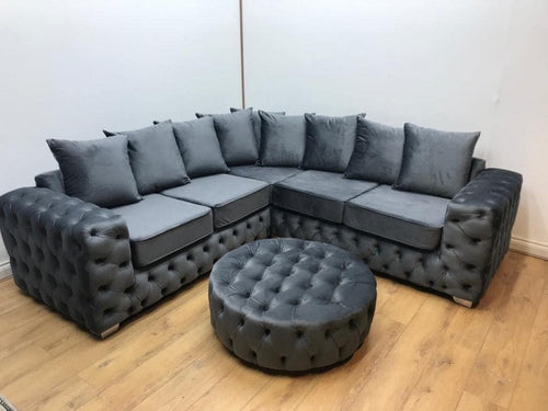 Luxury Velvet 5 Seater Corner Sofa Bed – Plush Grey Chesterfield Style