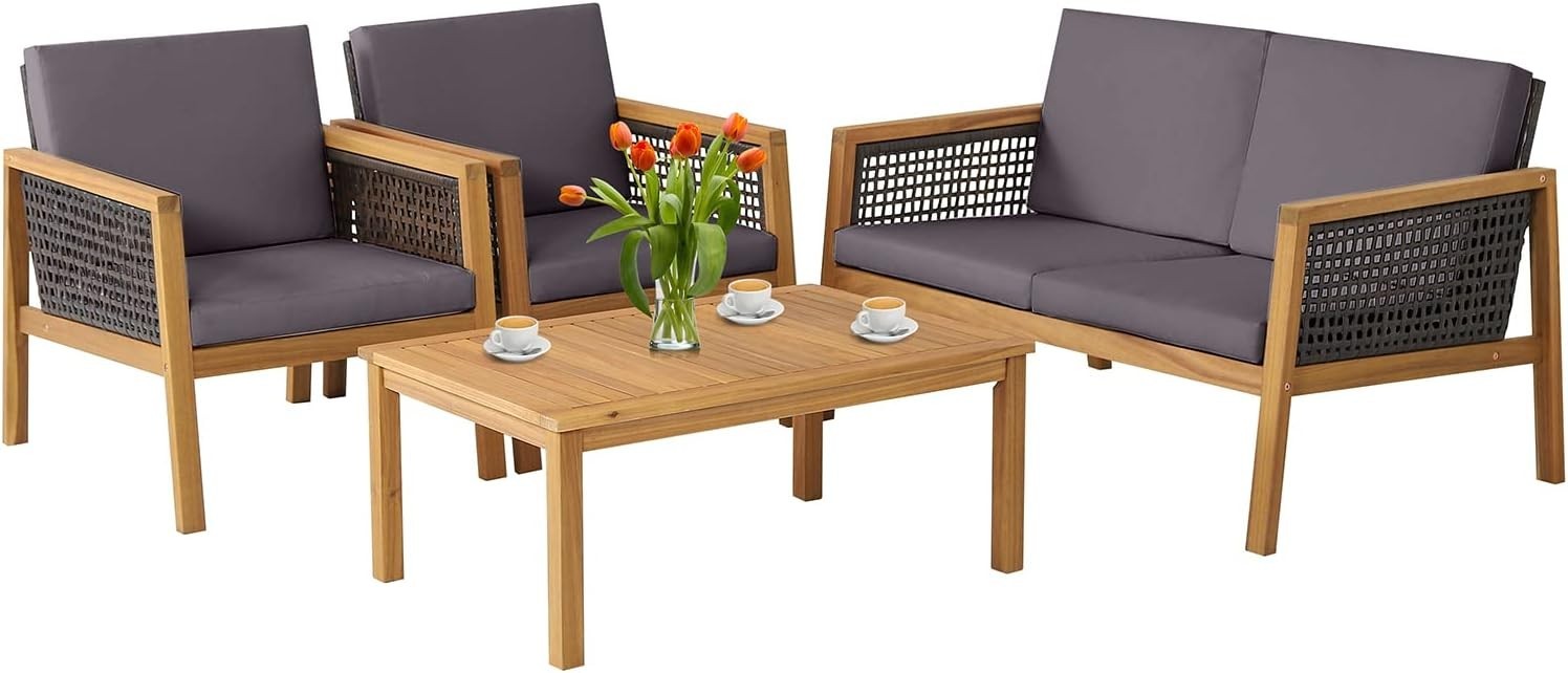 Rattan Garden Furniture Set 4PC Outdoor Patio Sofa Set with Coffee Table