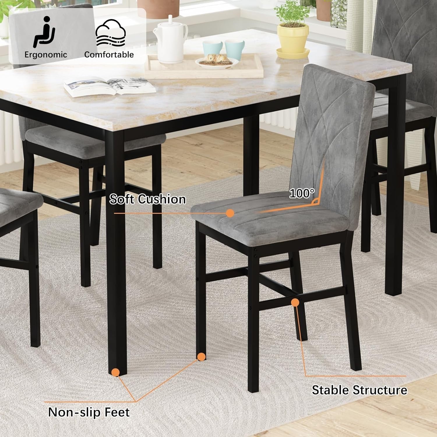 4 Seater Dining Table Set Marble Top & Velvet Chairs Modern Beige Grey