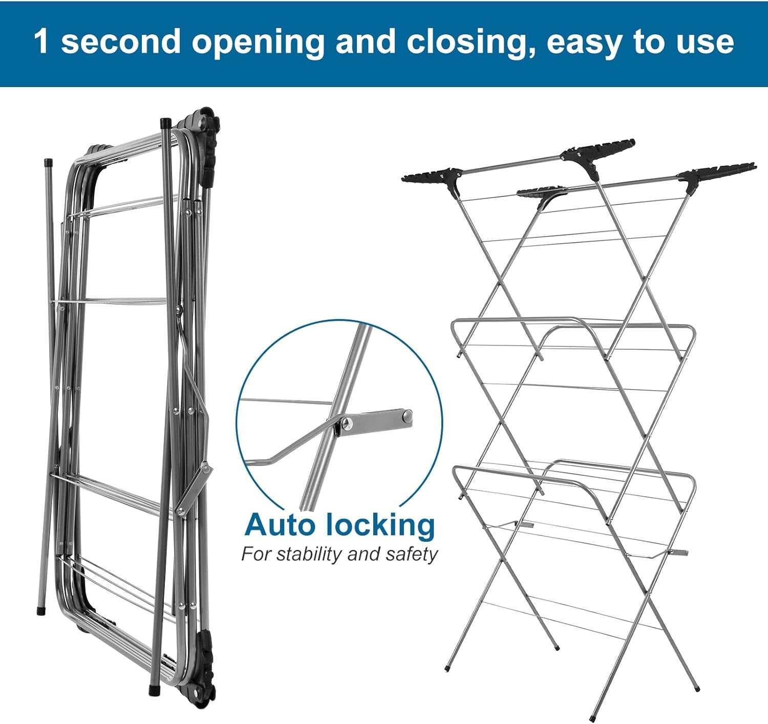 20m Clothes Airer 3 Tier Folding Laundry Drying Rack Space Saving Indoor Outdoor
