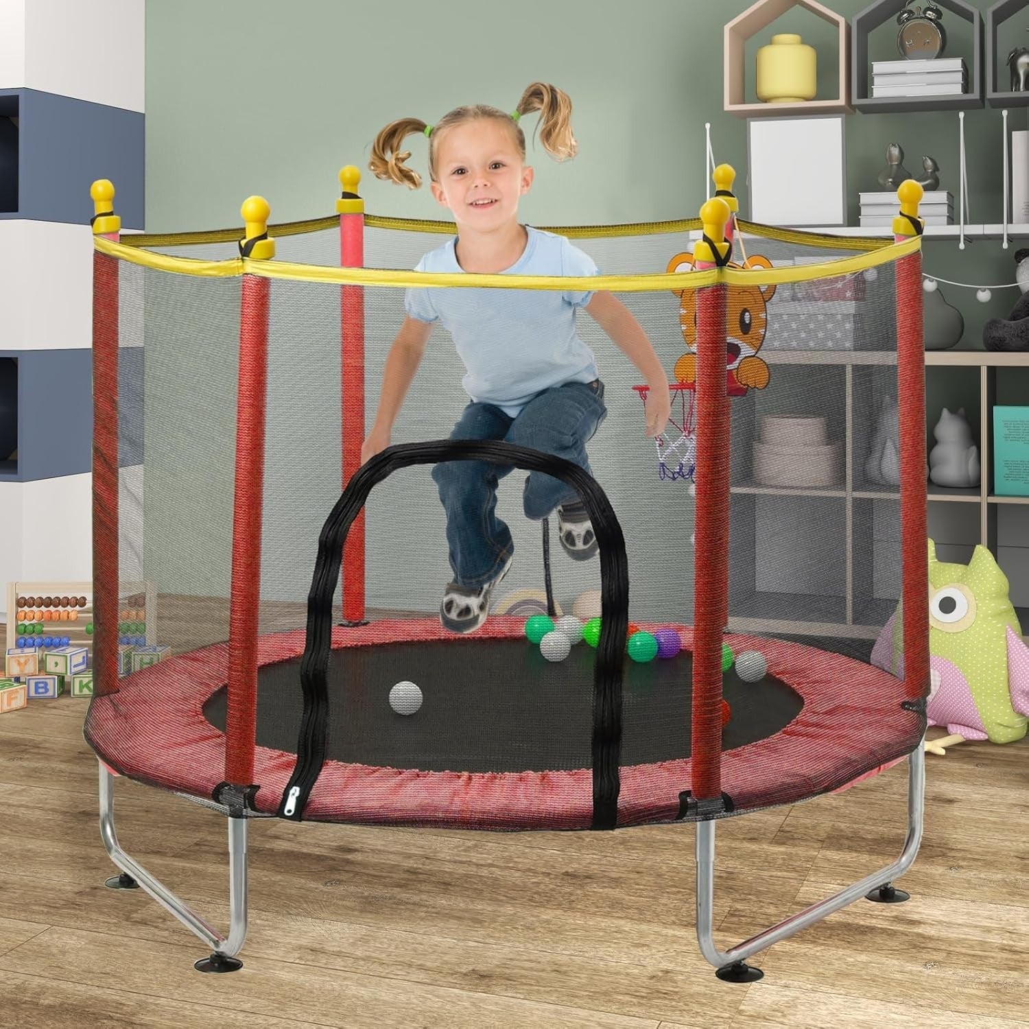 Children’s Indoor Outdoor Trampoline with Safety Net & Basketball Hoop 55in