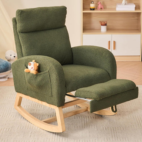 Rocking Chair with Footrest Teddy Fabric, Extra Wide Seat, Full Back Support