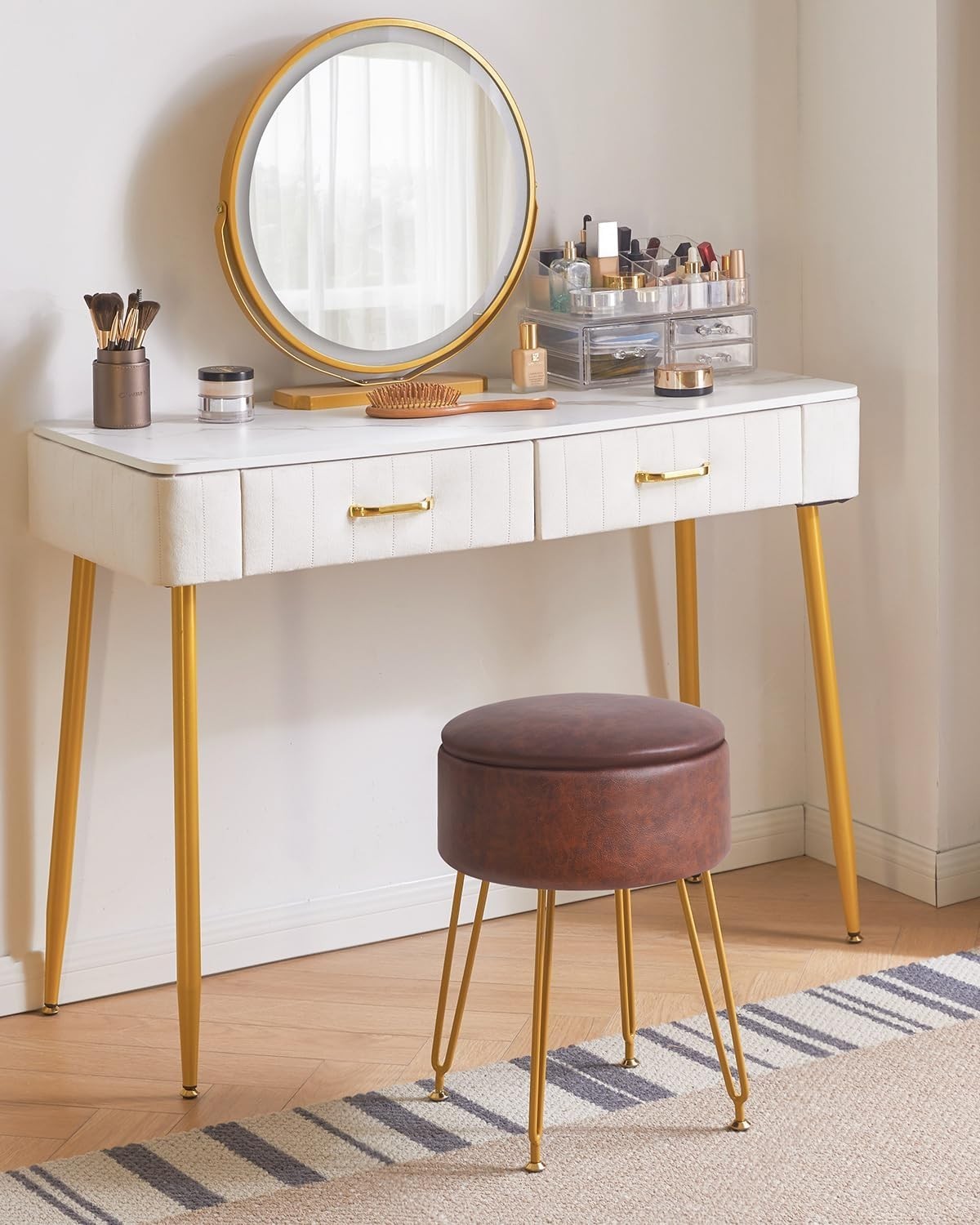 Dark Brown Faux Leather Round Storage Footstool – Vanity Stool with Gold Legs