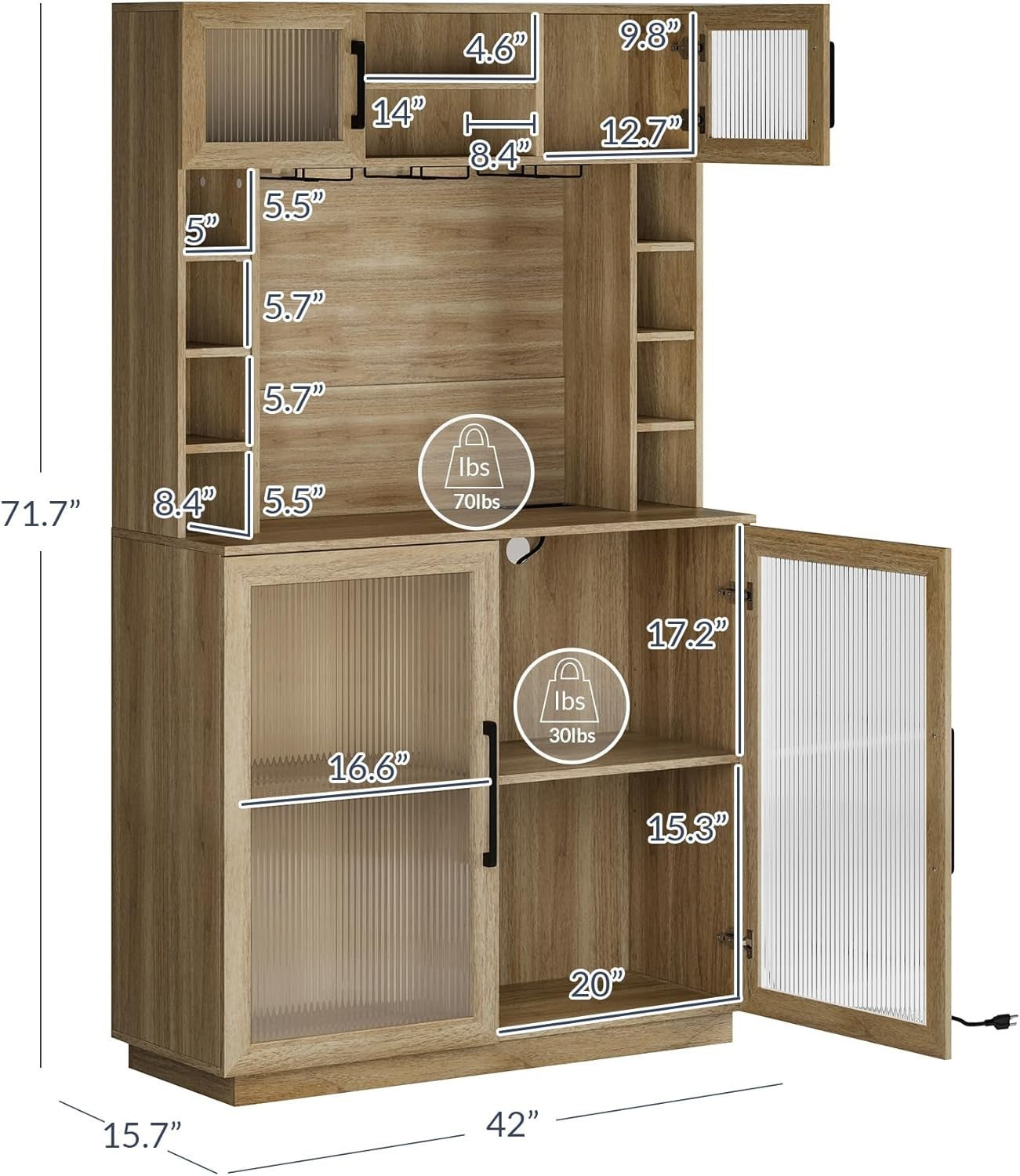 72" Rustic Wine Bar Cabinet with Power Outlet & Hutch | Glass Rack