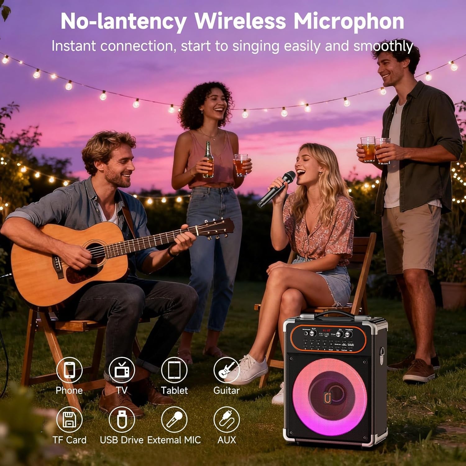 Portable Karaoke Machine Bluetooth 2 Mics PA Speaker Echo Outdoor Party