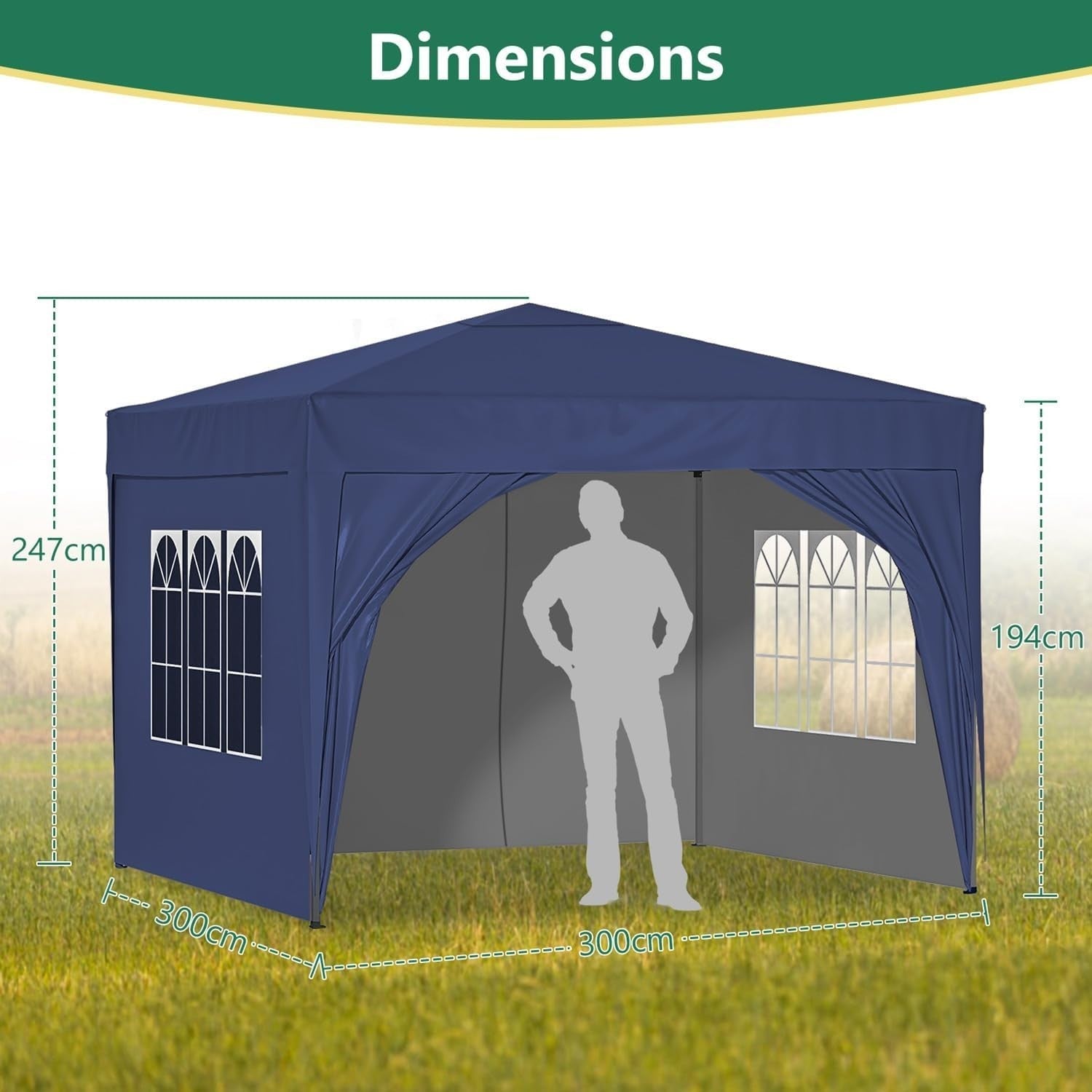 3x3M Pop Up Gazebo With Sides Waterproof Garden Party Tent Black Outdoor