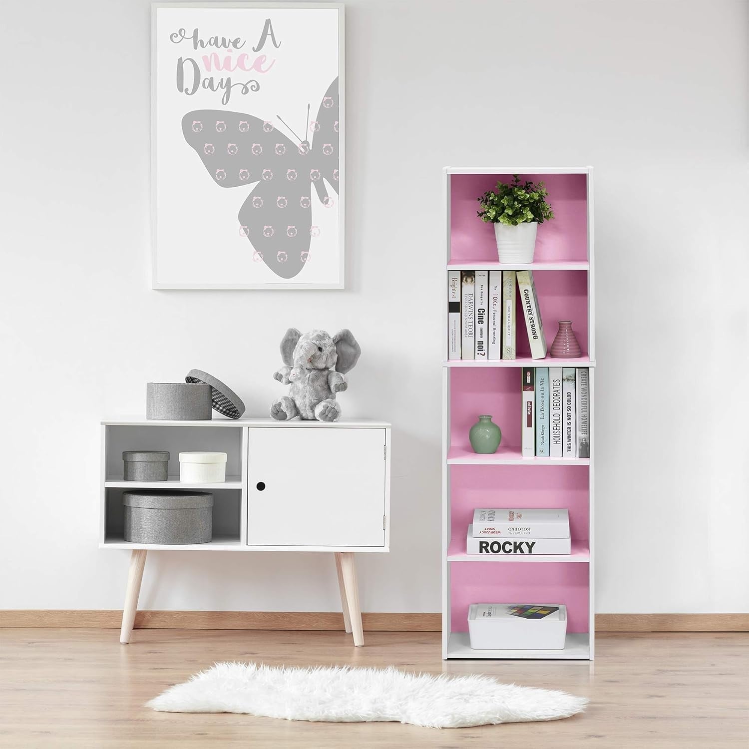 5 Tier Reversible Bookcase Storage Open Shelf Compact Organizer Bookshelf Pink