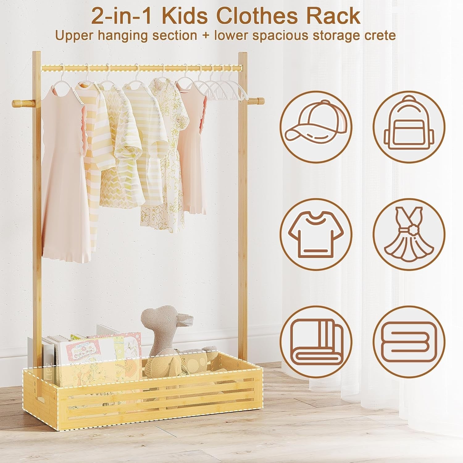 Kids Bamboo Clothes Rack with Adjustable Hanging Rod and Storage Box, Natural