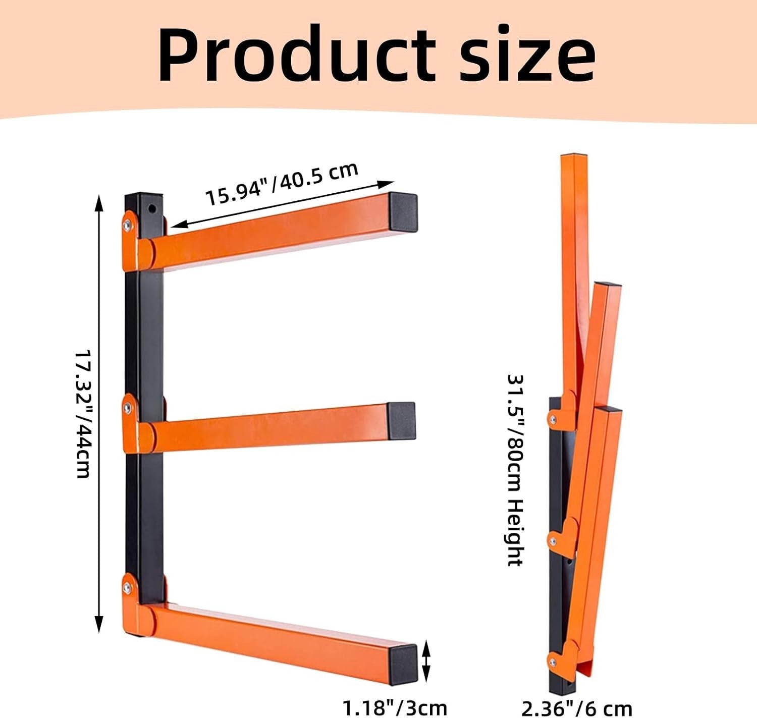 Wall-Mount 3-Level Lumber Rack Orange 44D x 17W x 6.7H cm