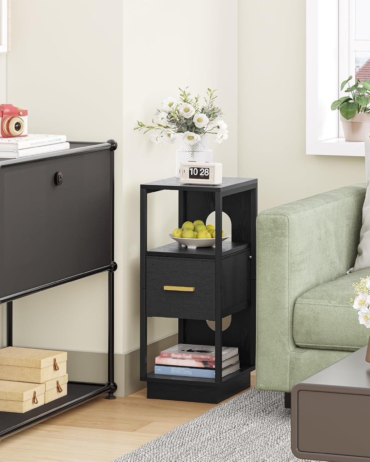 Set of 2 Slim Black Bedside Tables – Modern Narrow Nightstands with Drawer & She