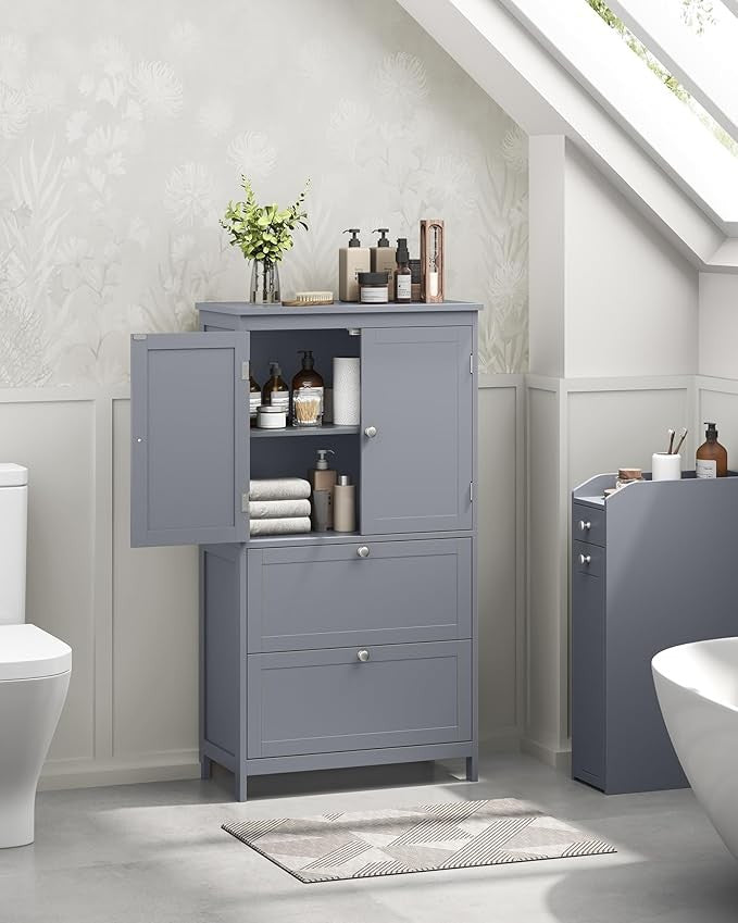 Tall Grey Bathroom Storage Cabinet with 2 Drawers & Double Doors – Adjustable