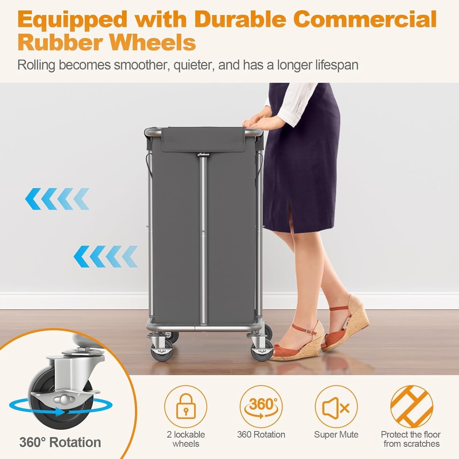 115L Grey Rolling Laundry Hamper with Wheels Steel Frame Washable Removable Bag
