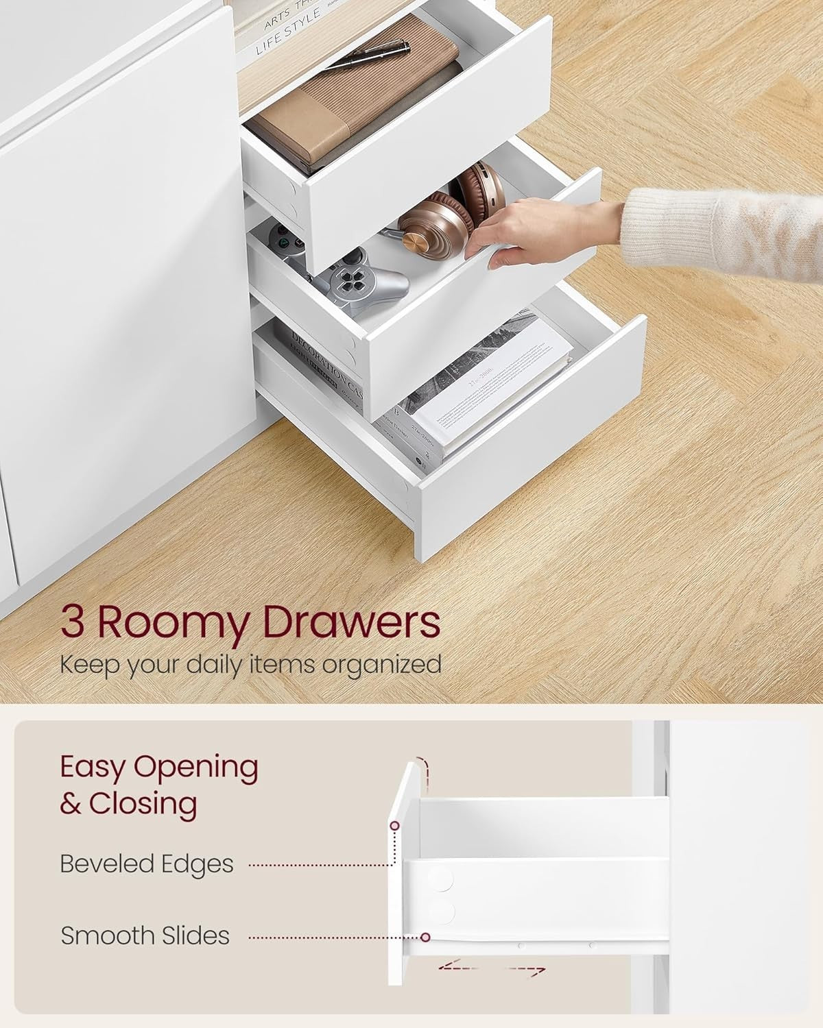 White 2 Door Sideboard with 3 Drawers & Adjustable Shelf | Storage Cabinet