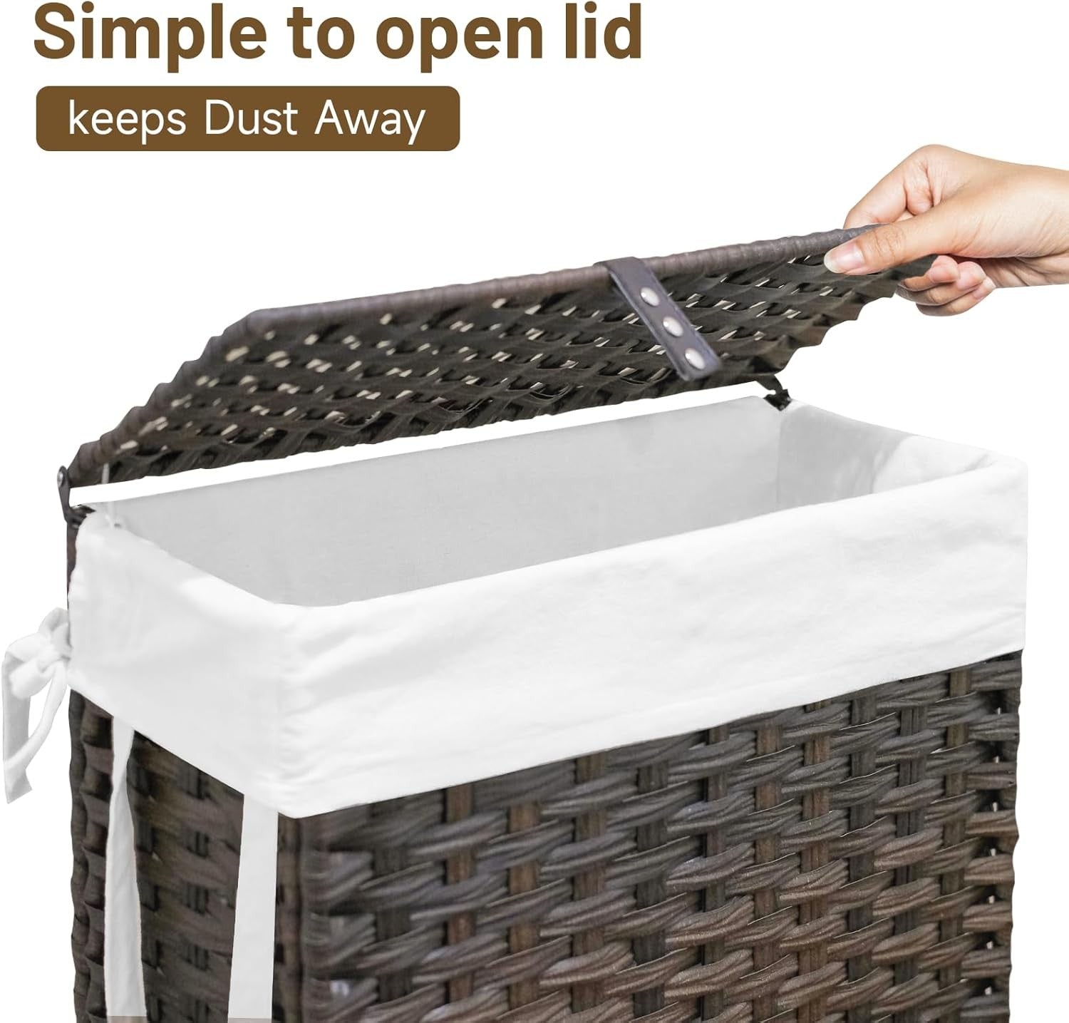 70L Slim Rattan Laundry Hamper with Wheels 2 Removable Bags Tall Basket Brown