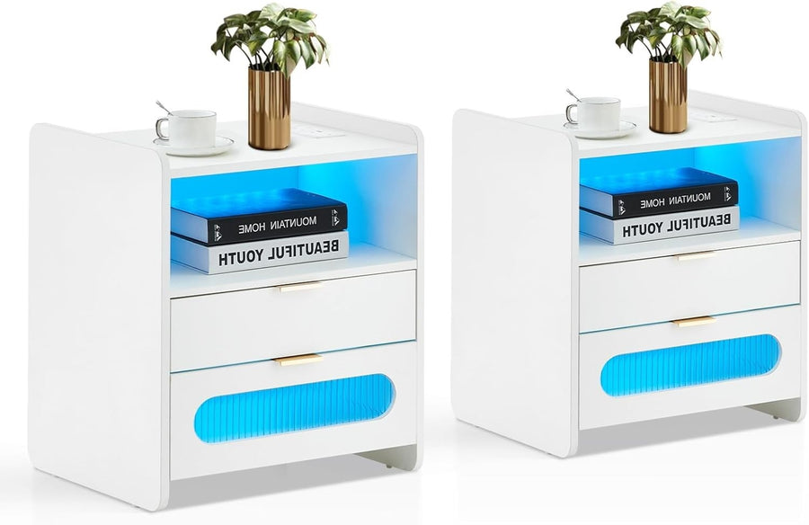 Set of 2 White LED Bedside Tables with USB Charging Ports, 2 Drawers & Shelf