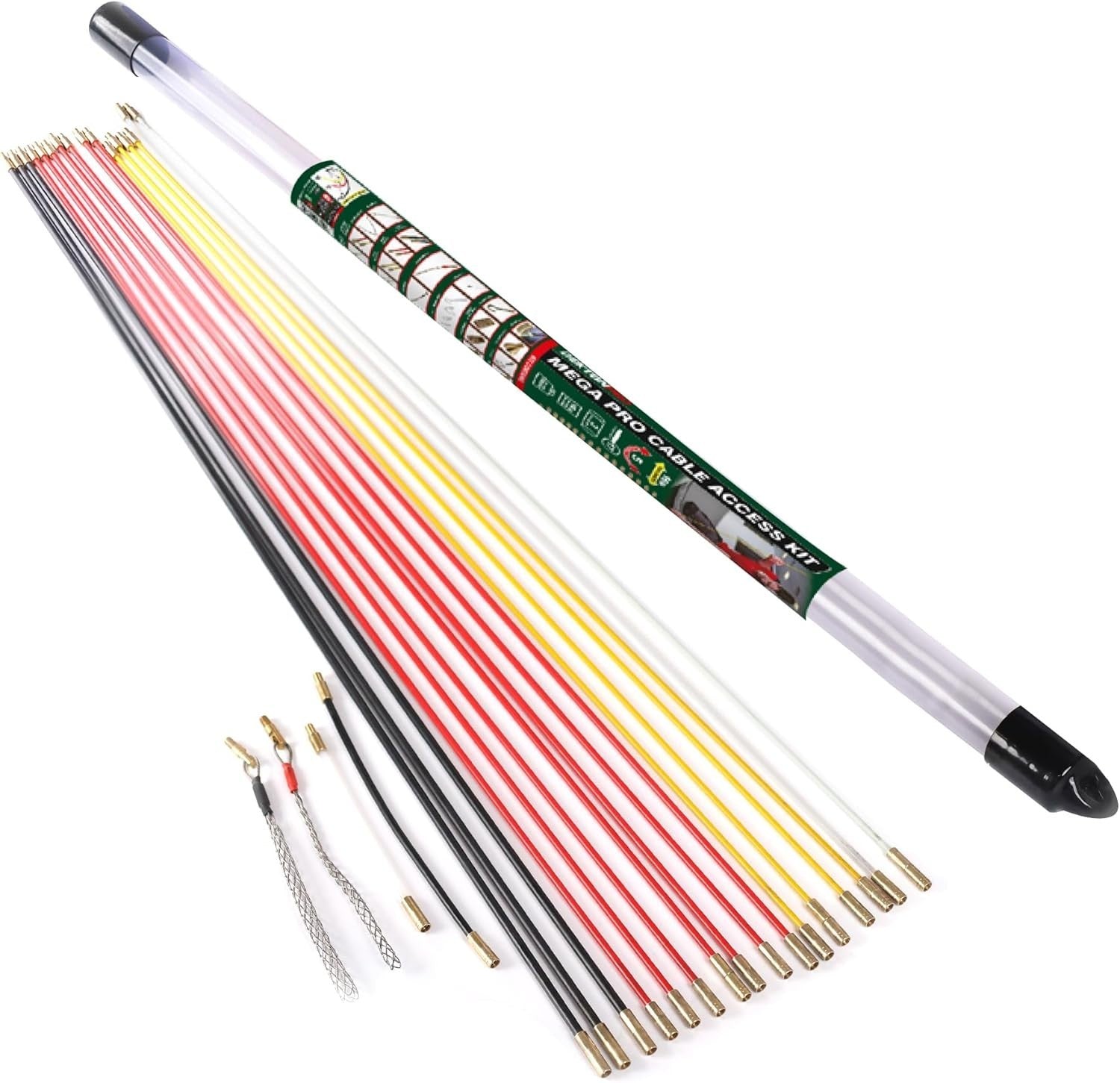 16M Cable Access Rod Kit 17pc Electrical Fish Tape Rods Attachments Tools Set
