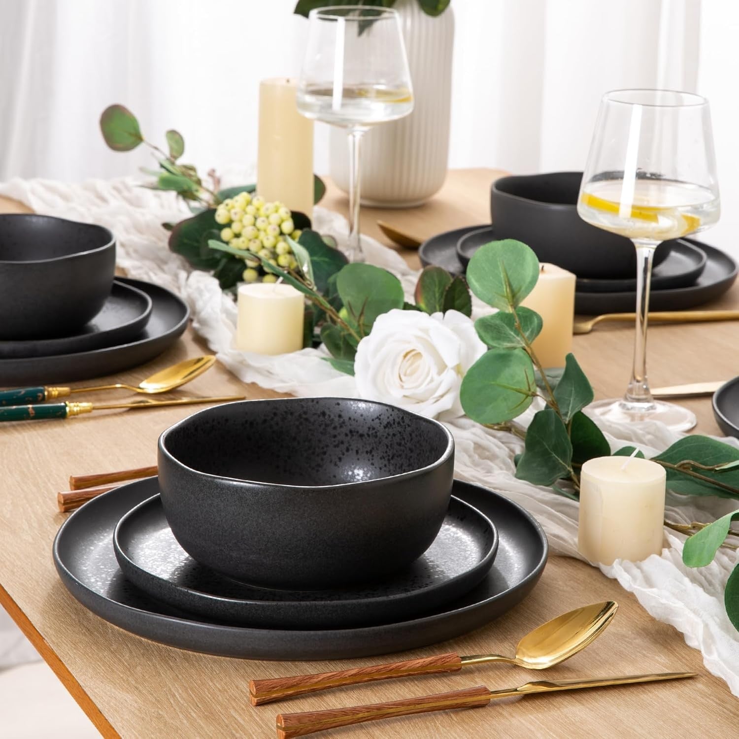 12pc Stoneware Dinner Set Matte Black Speckled Plates Bowls Service for 4
