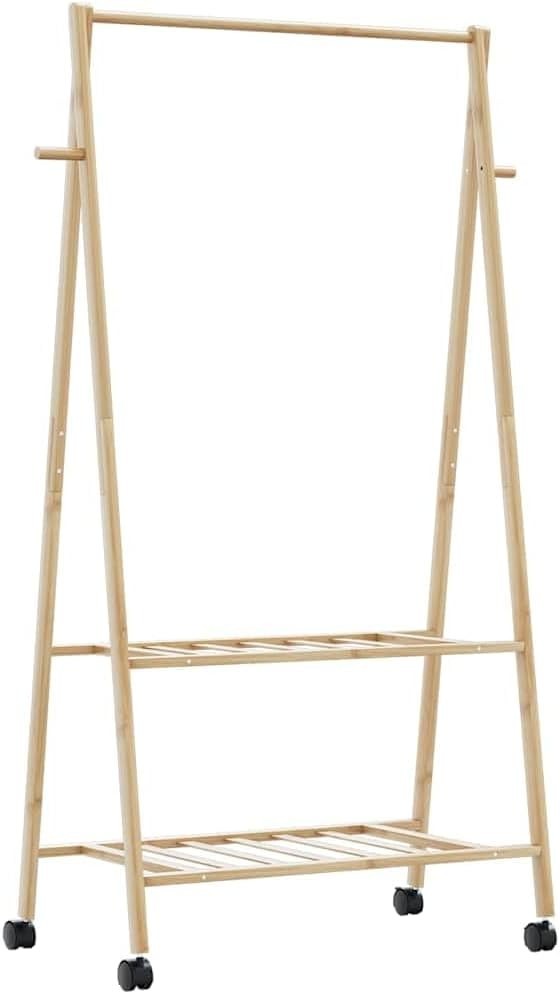 Bamboo Clothes Rack with Shelves & Wheels – Foldable – Brown