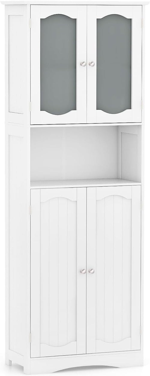White Wooden Tall Bathroom Cabinet with Glass Doors Adjustable Shelves