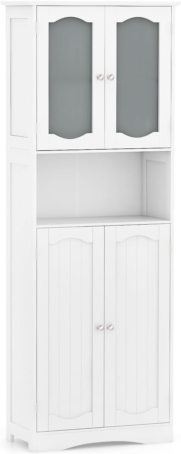 White Wooden Tall Bathroom Cabinet with Glass Doors Adjustable Shelves