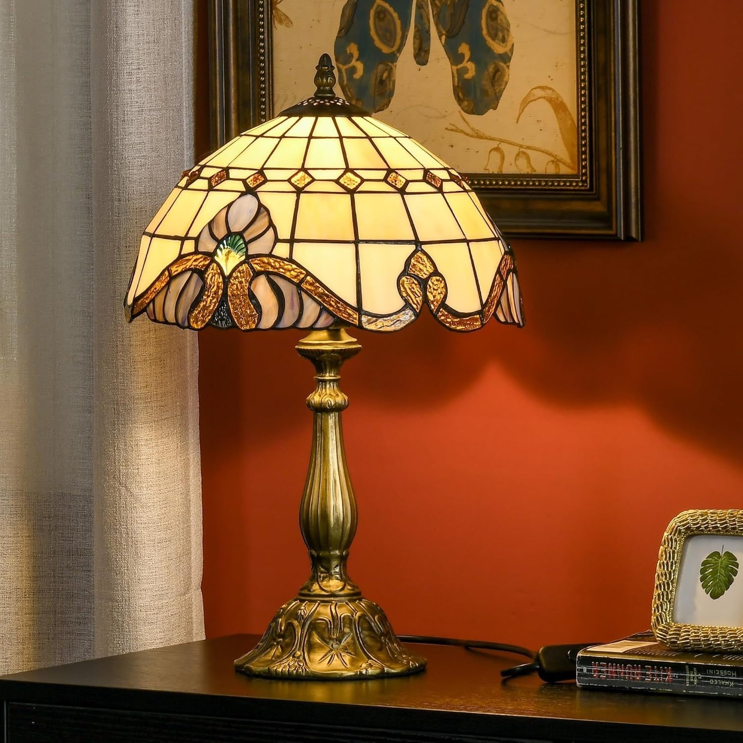Vintage Stained Glass Table Lamp with Handmade Shade & Antique Base