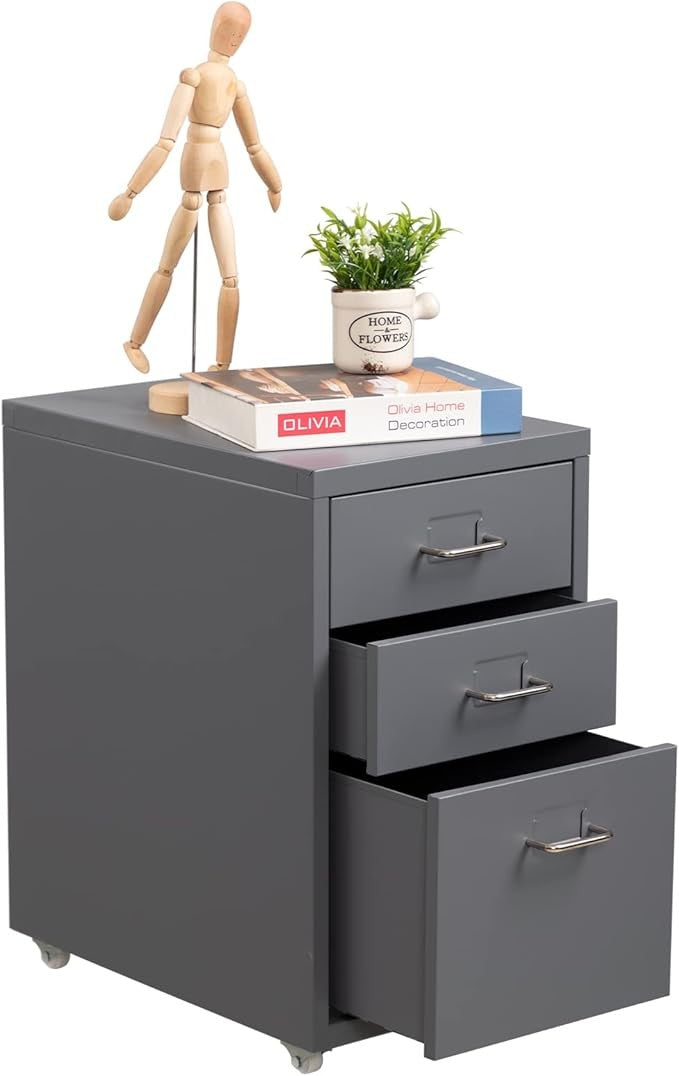 3 Drawer Metal File Cabinet with Wheels, Under Desk Office Storage Unit, Rolling