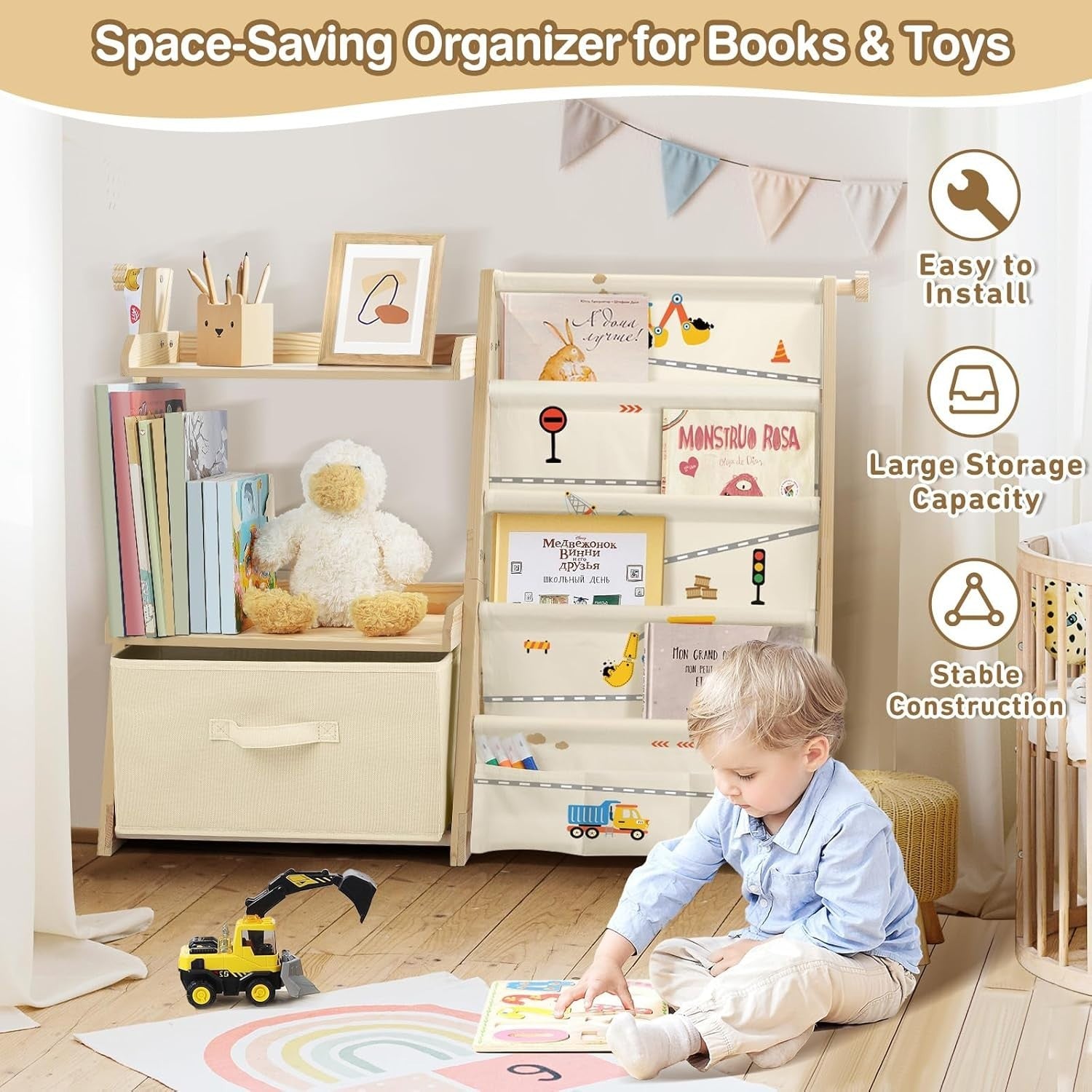 Excavator Kids Bookcase & Toy Storage – 4-Tier Wooden Shelf Unit with Toy Box