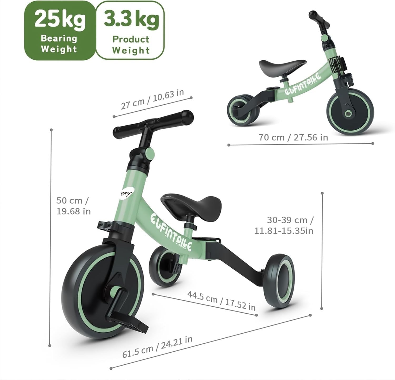 5 In 1 Toddler Tricycle Balance Bike Ride On Toy Removable Pedals Green