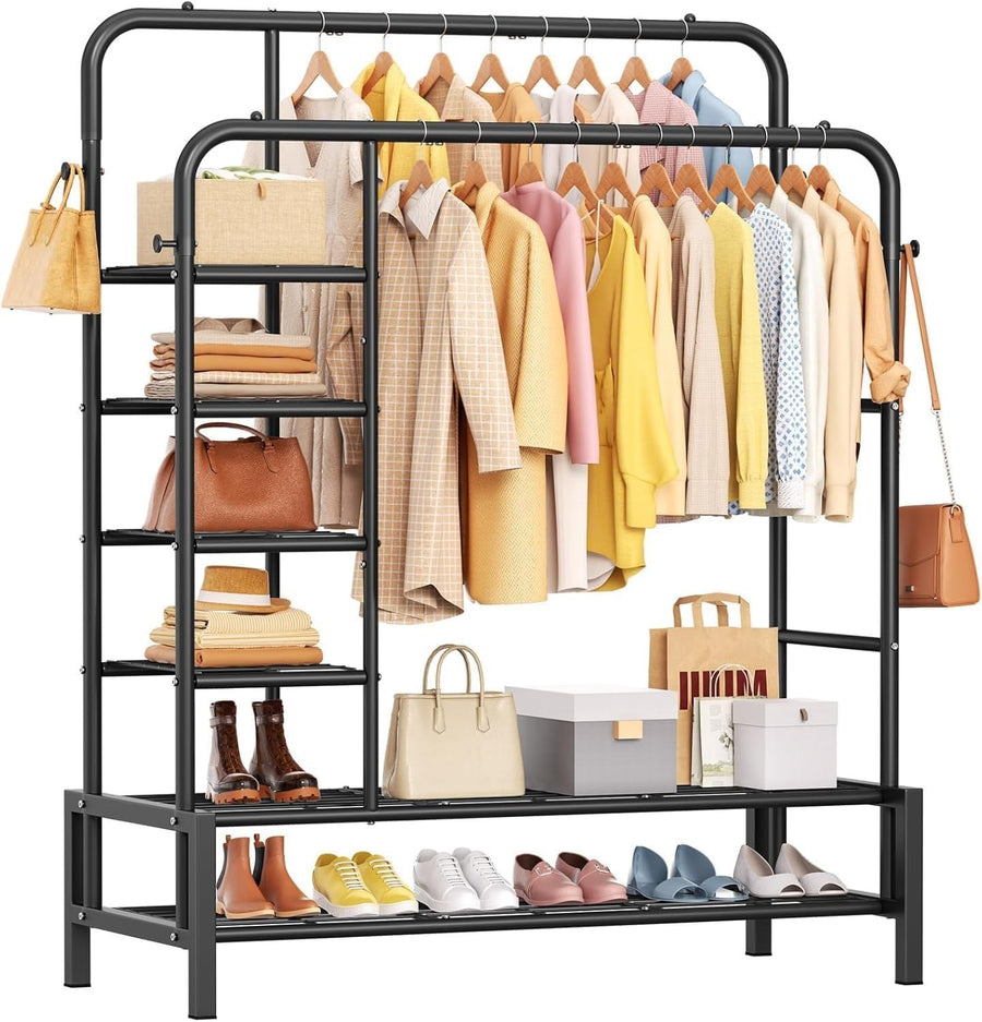 Heavy Duty Clothes Rail Double Rods Shelves Shoe Rack Black