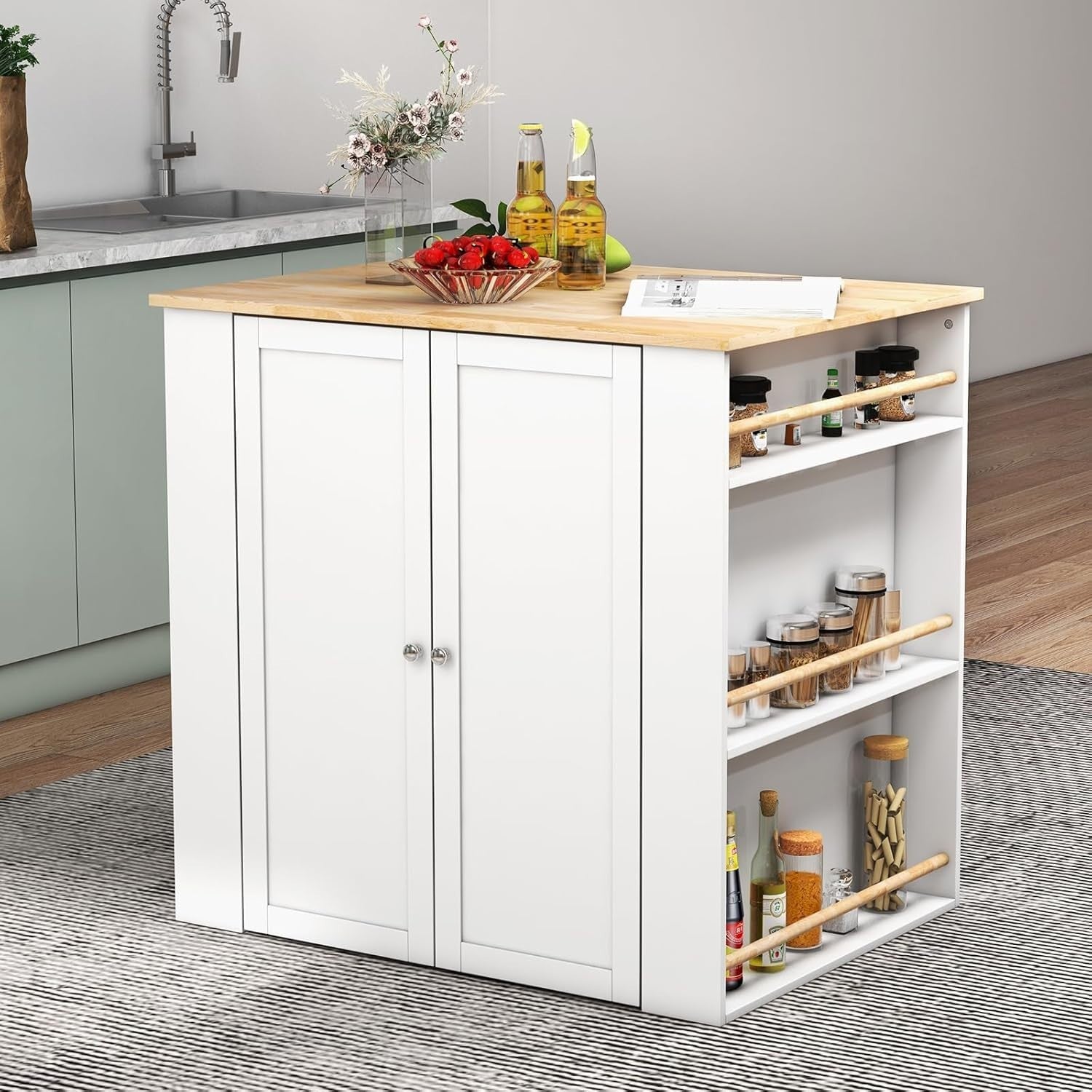 Rolling Kitchen Island Cabinet with Rubber Wood Top, Drawer & 6 Spice Racks
