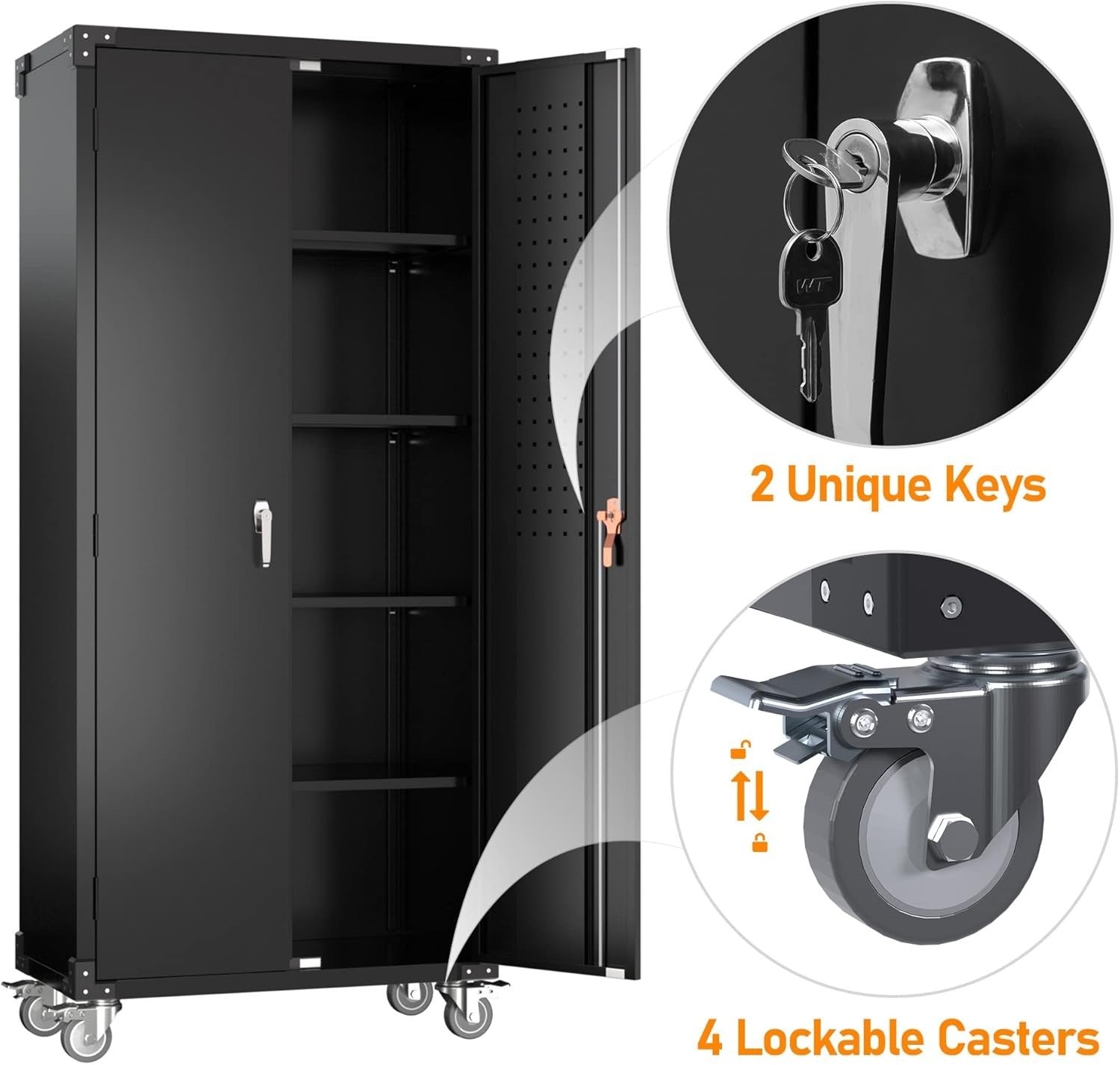 Metal Storage Cabinet with Wheels, Pegboard, Lock & Adjustable Shelves, 183cm