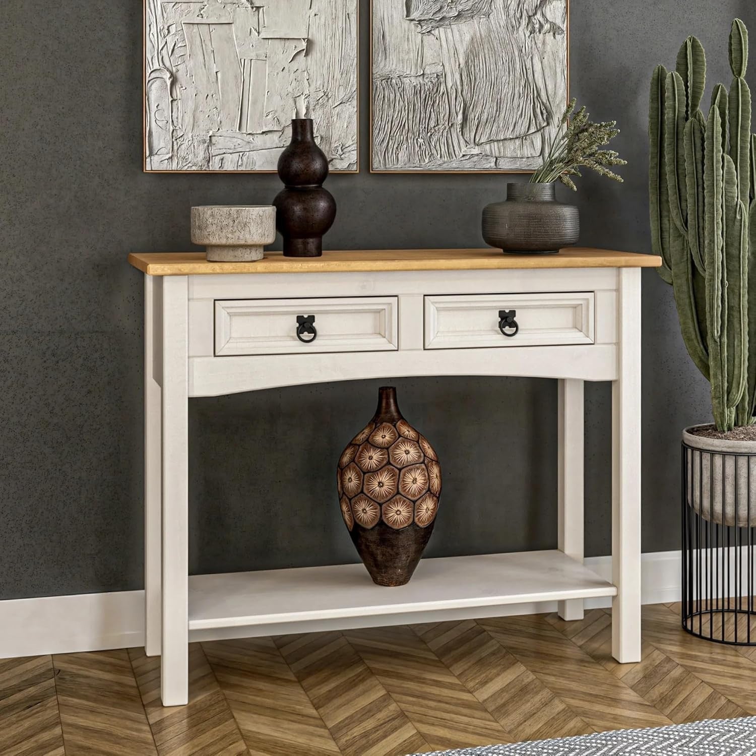 White Pine Console Table with 2 Drawers, Storage & Writing Desk, 90x35x73cm