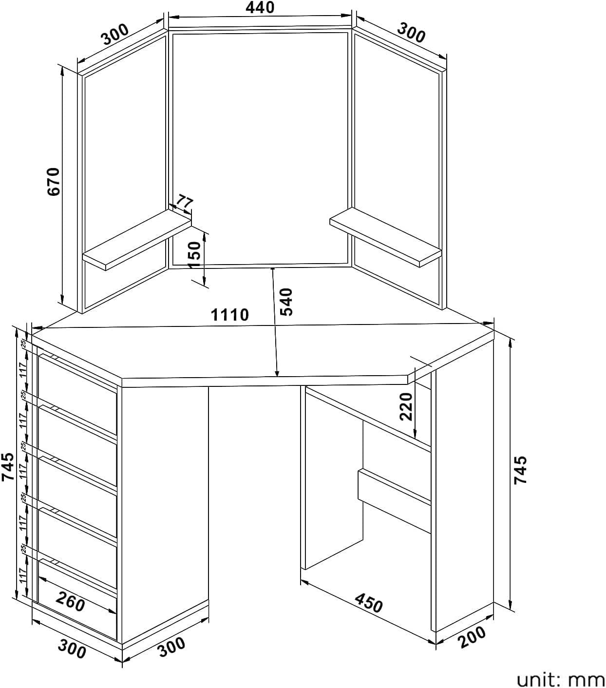 Corner Dressing Table Vanity Desk with Mirror 5 Drawers Storage White Wood Makeu