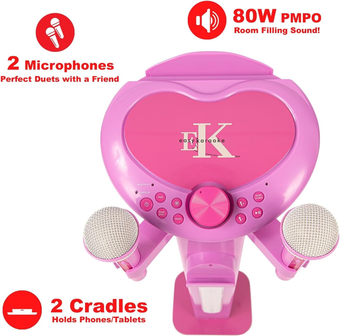 Pink Kids Karaoke Machine with Stand 2 Bluetooth Mics Record