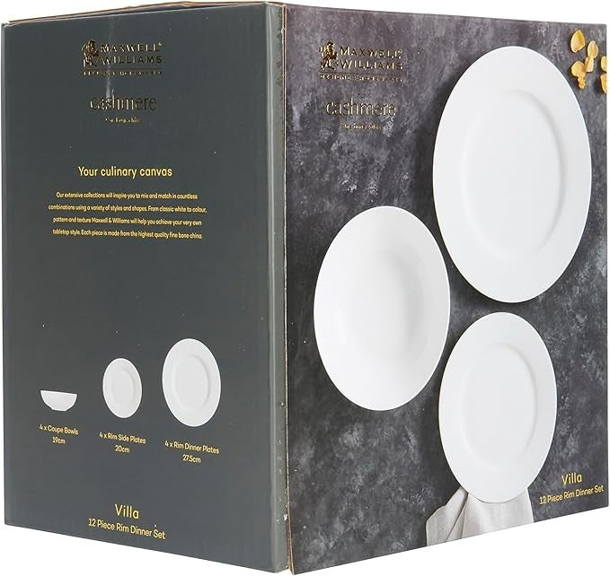12pc White Dinner Set for 4 Bone China Plates Bowls Classic Rim Design
