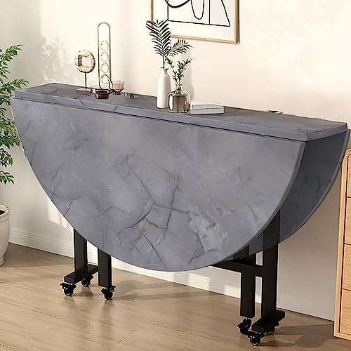 Round Drop Leaf Kitchen Table with 6 Wheels – Space Saving Folding Table