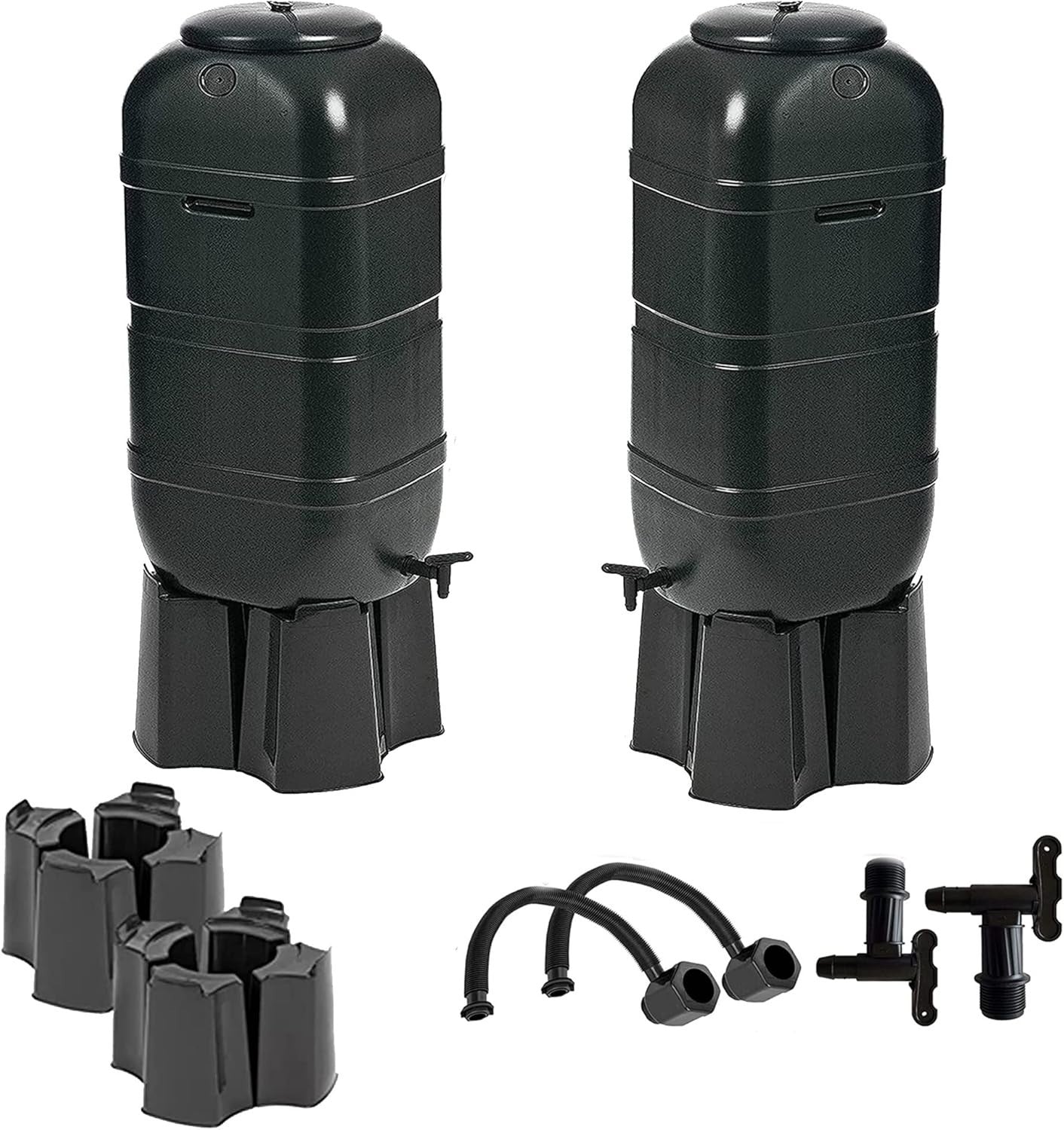 2 x 100L Slimline Garden Water Butts with Stands, Taps & Diverters