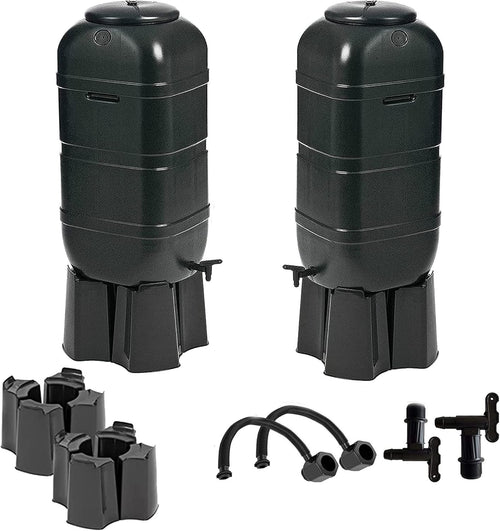 2 x 100L Slimline Garden Water Butts with Stands, Taps & Diverters