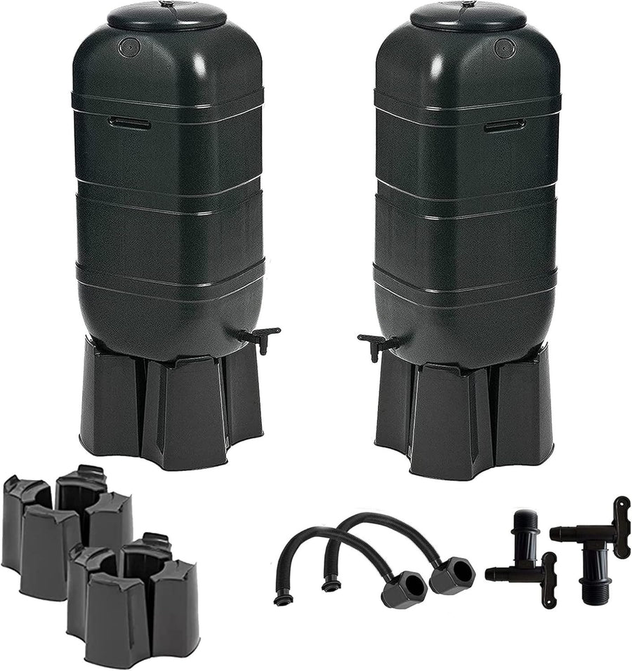 2 x 100L Slimline Garden Water Butts with Stands, Taps & Diverters
