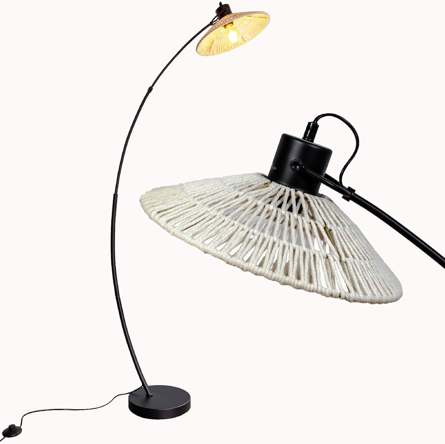 Boho Arc Floor Lamp Adjustable Shade Black Beige Reading Living Room