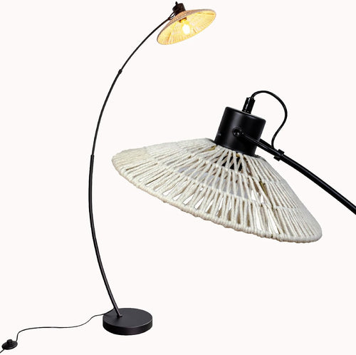Boho Arc Floor Lamp Adjustable Shade Black Beige Reading Living Room