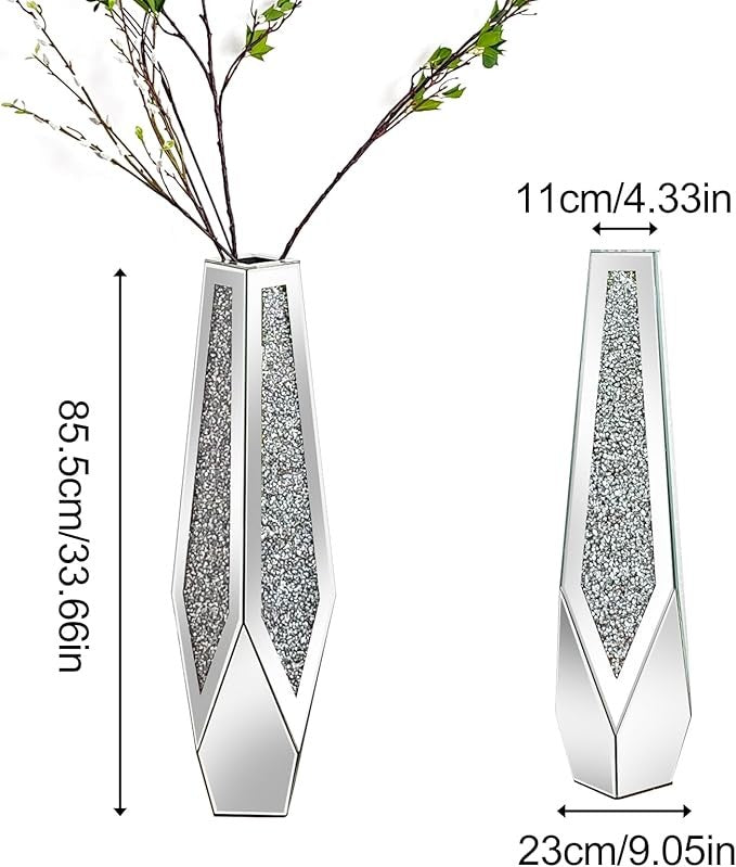 Extra Tall Mirrored Floor Vase 85.5cm Silver Glass Pampas Flower Decor
