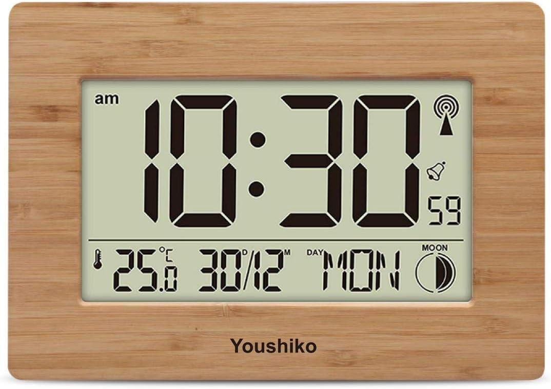 Large LCD Radio Controlled Wall Clock Bamboo Silent Auto-Set Temp Day Date